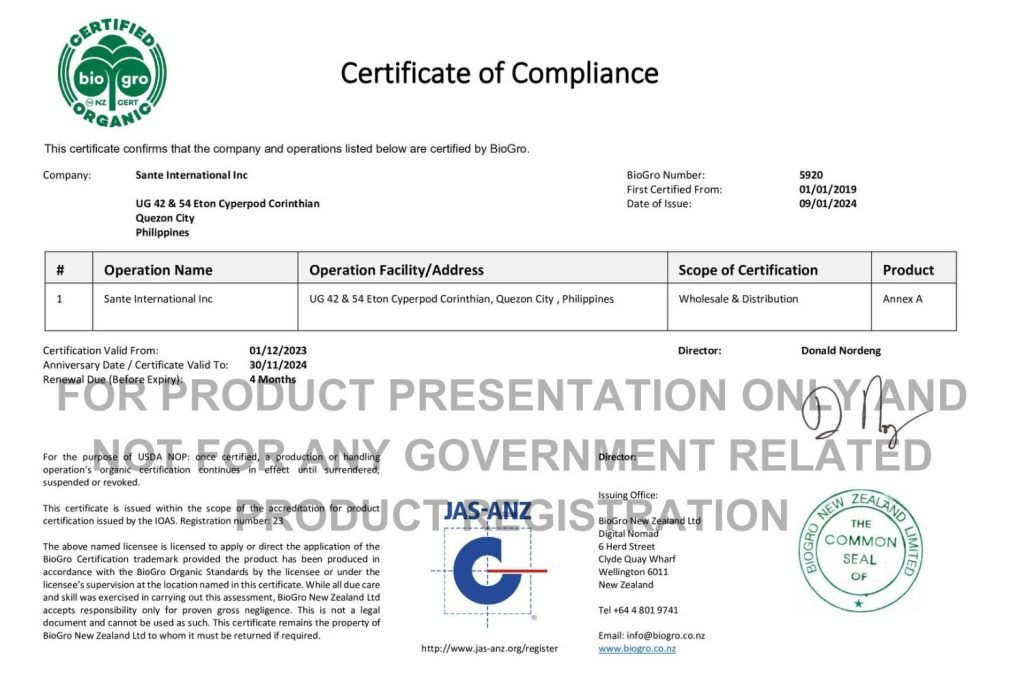 Biogrow certificate of Sante 2024