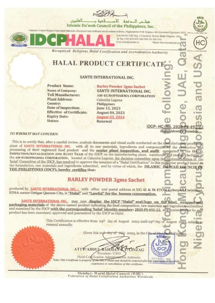 barley powder sachet halal certificate